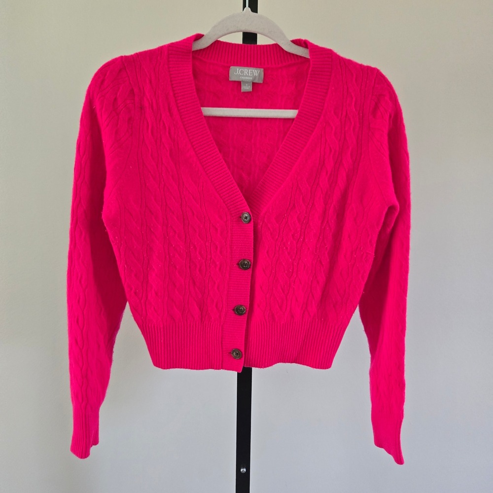 J.Crew Cashmere Cable Knit Cropped Cardigan Neon Pink BO614 Womens Small Preppy